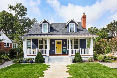 blue house with yellow door