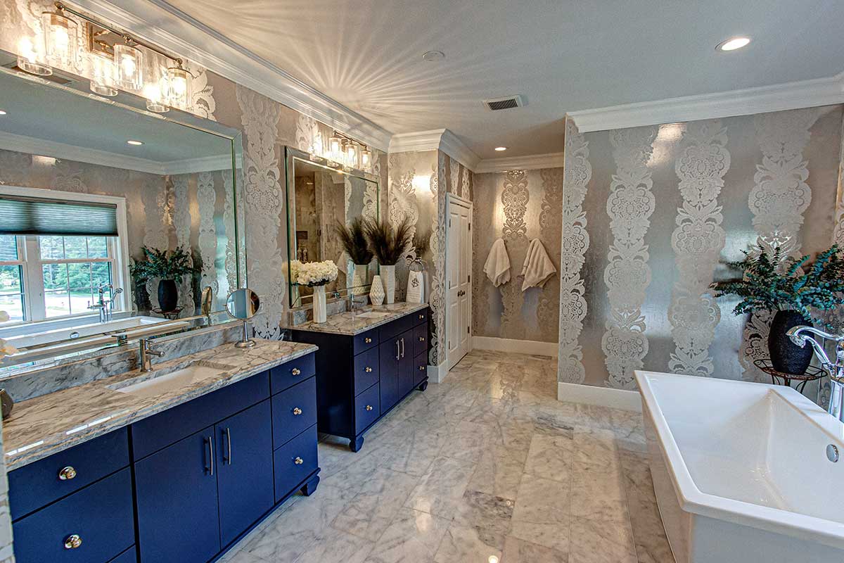 silver bathroom with blue accents