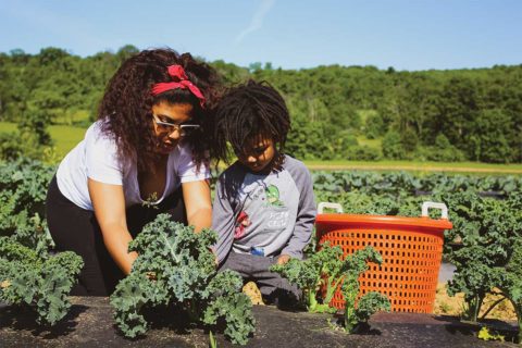 mom and son in the garden