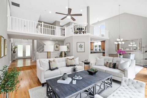 white living room with wood floors