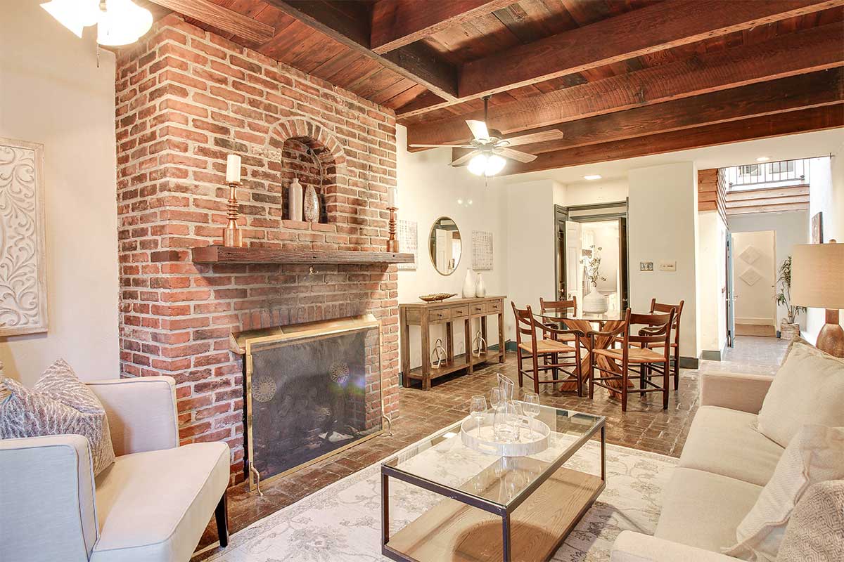family room with brick fireplace