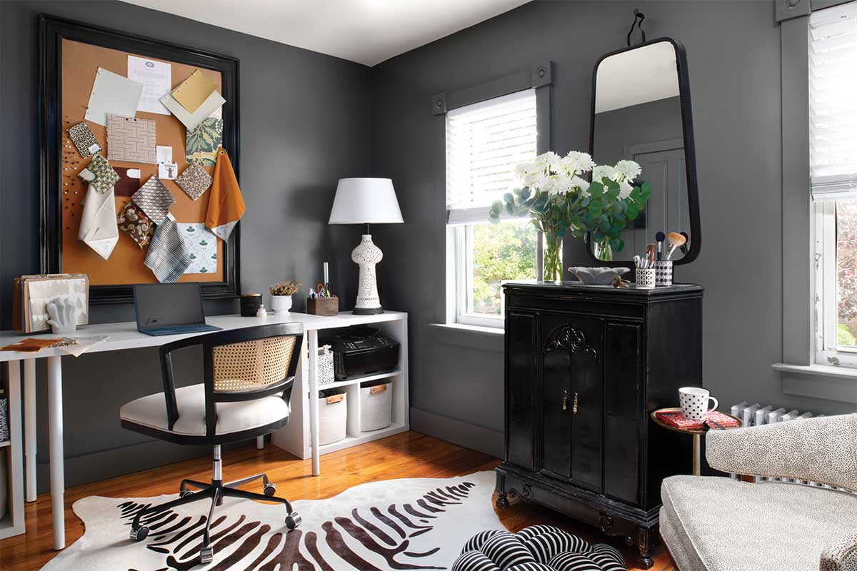 home office with grey walls