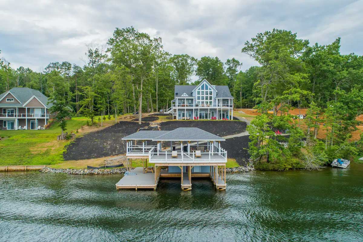 lake house with a dock