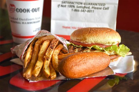 cook out burger, fries, and corn dog