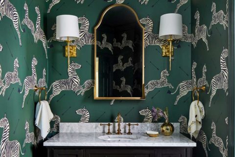 emerald green zebra wallpaper in bathroom