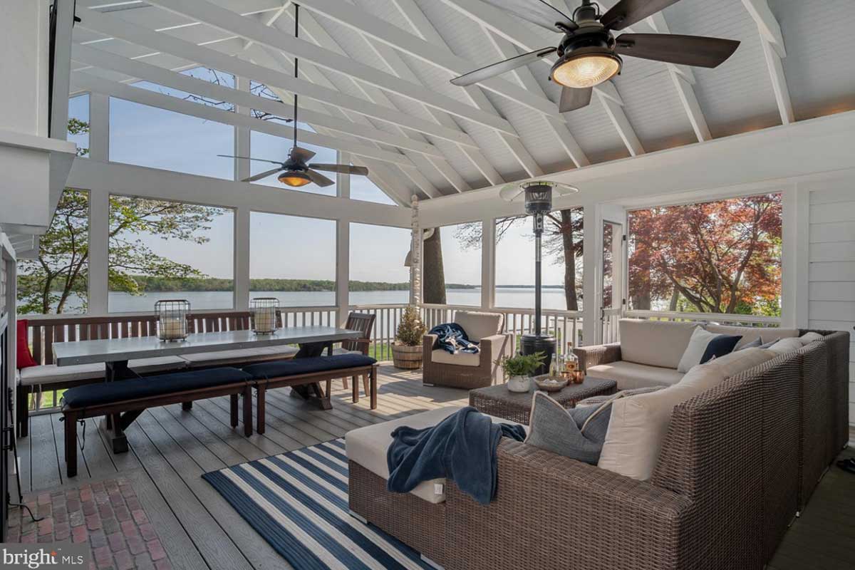 screened in porch with waterfront view