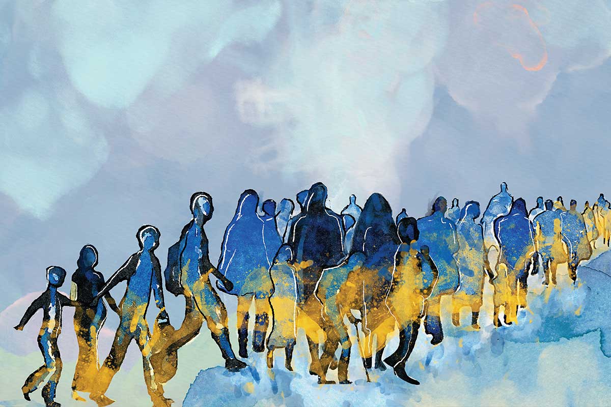 illustration of immigrants in blue and yellow