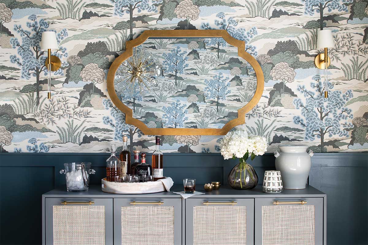 blue and patterned wall paper dining room