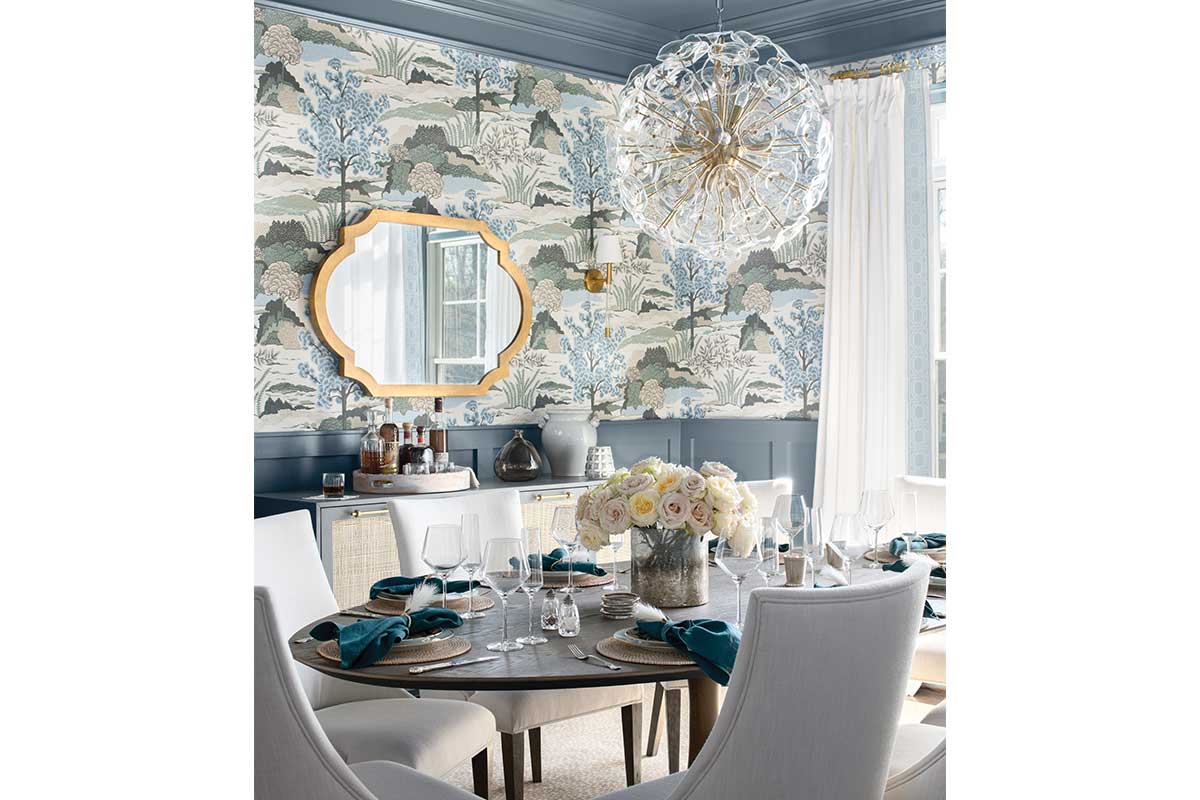 blue and wallpaper dining room