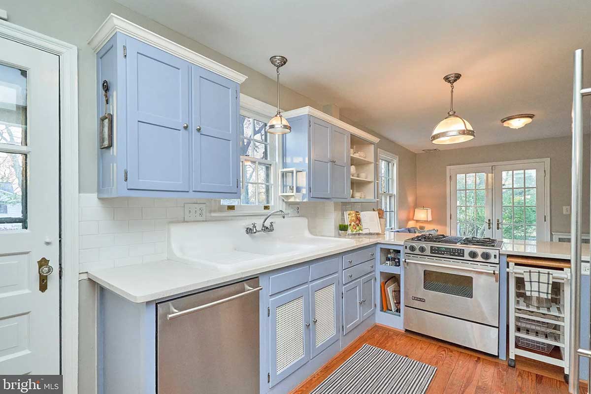 white kitchen with light blue cabinets