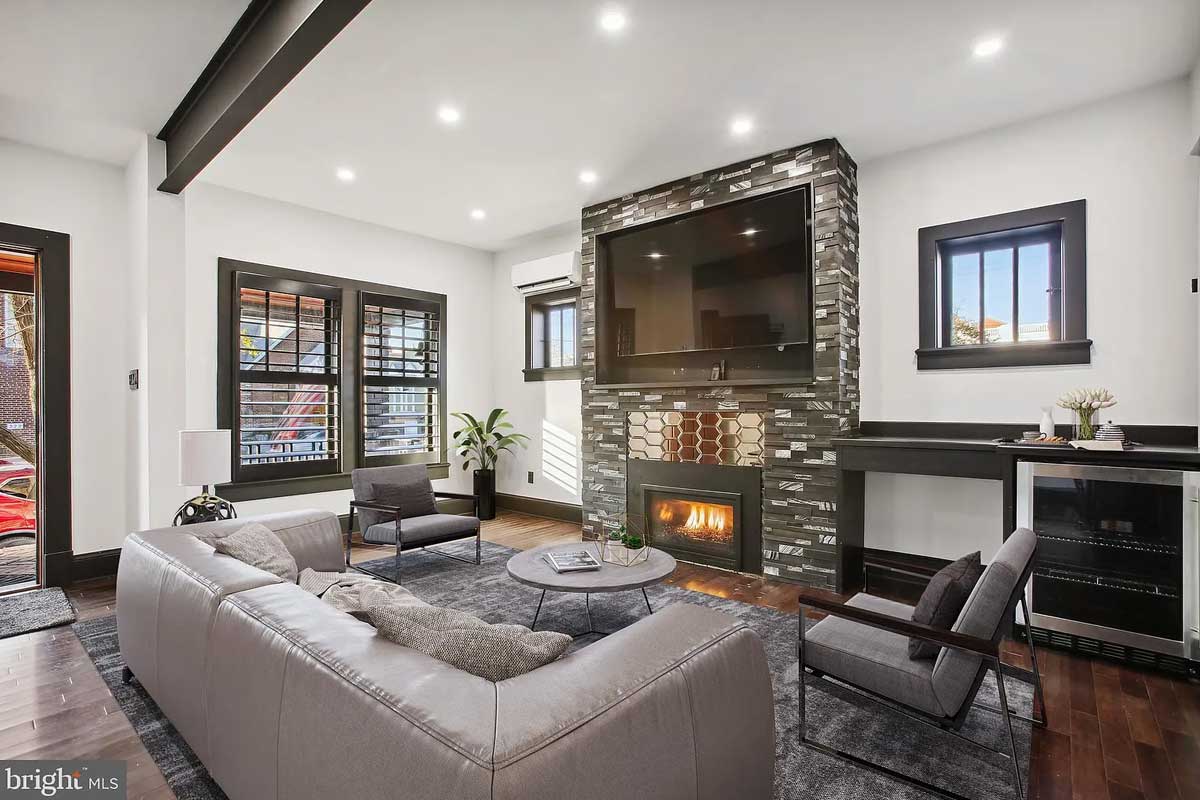 white and dark brown living room with fireplace