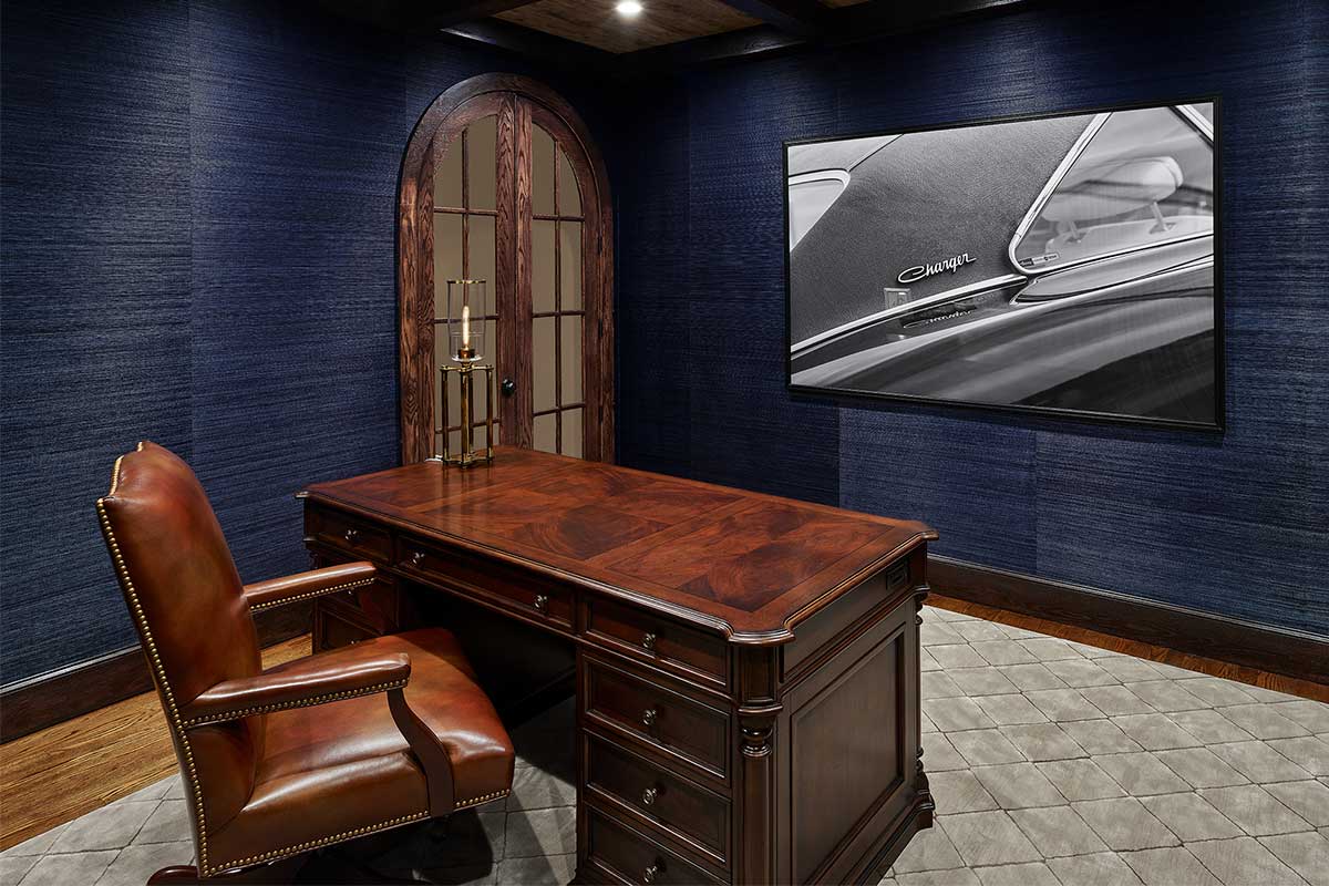 office with dark blue walls