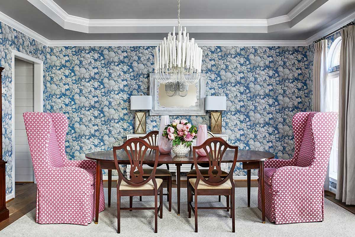 blue wallpaper dining room