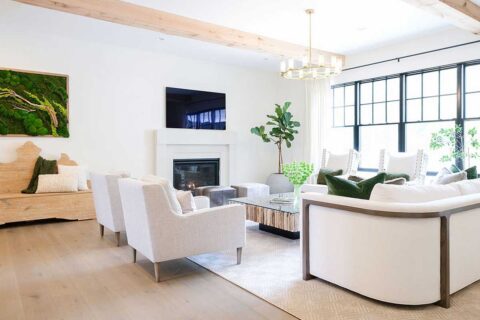 living room with light, natural wood accents