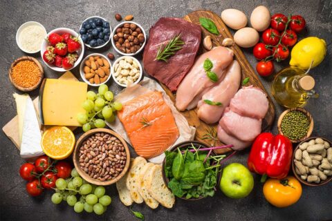 meat, vegetables, fruit, and nuts