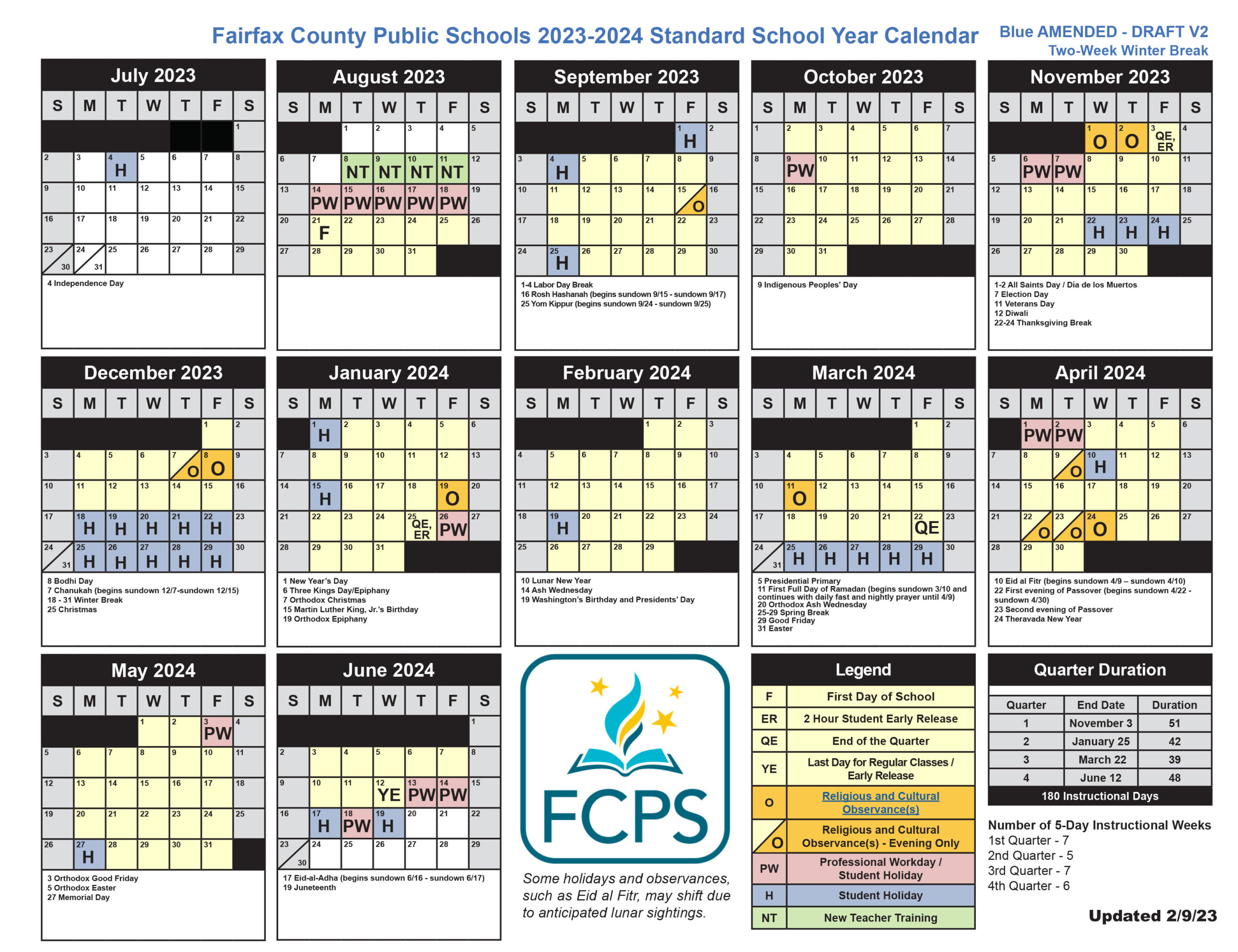 The blue amended draft of the 2023-2024 Fairfax County Public Schools calendar. (Courtesy FCPS)