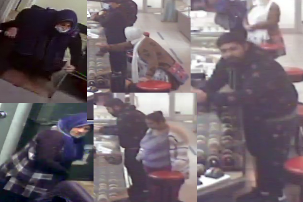 Surveillance stills of suspects in a $500,000 jewelry store heist in Falls Church. (Photo courtesy Falls Church police)