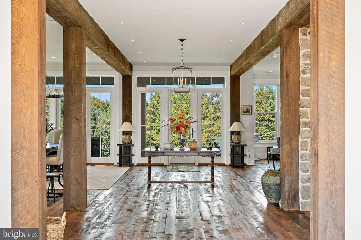 entry way with exposed beams