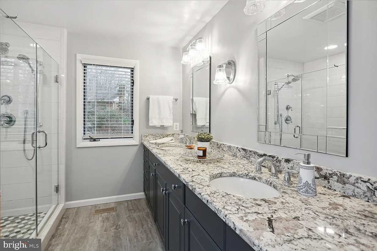 grey bathroom with marbled vanity