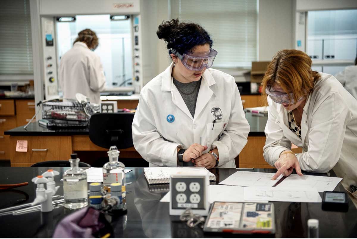 Professor of Chemistry and chair of the Department of Chemistry and Physics Janet Asper (right) works with senior chemistry major Dorothy Haas in Experimental Methods at the University of Mary Washington