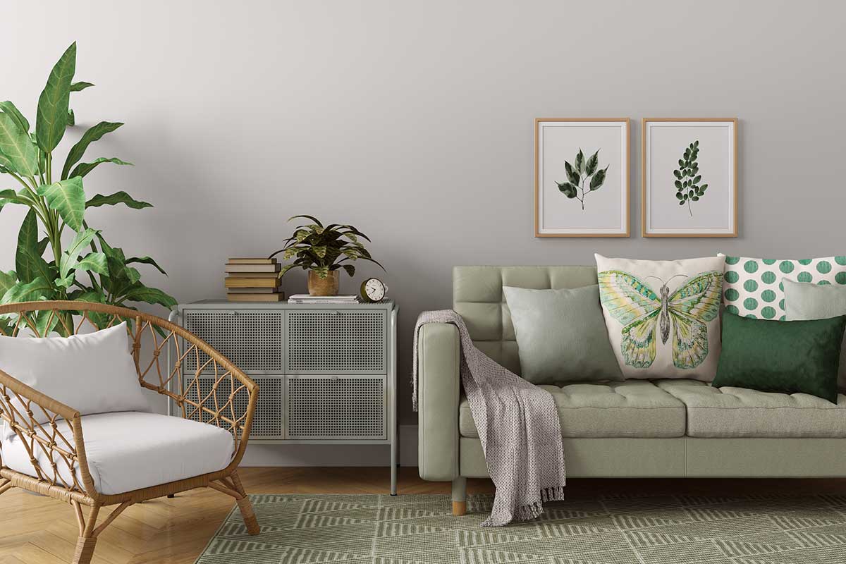 Modern living room with sofa. Scandinavian interior design like IKEA