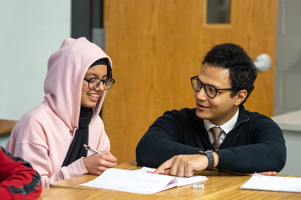 A student smiles during Arabic lessons at Justice High School. (Photo courtesy Donnie Biggs, Fairfax County Public Schools, Office of Communication and Community Relations)