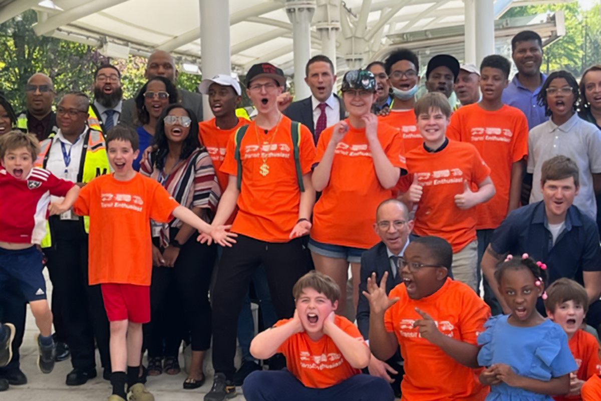 DC area kids with autism celebrate the launch of the Autism Transit Project at the Franconia-Springfield Metrorail station. (Photo courtesy Jonathan Trichter)