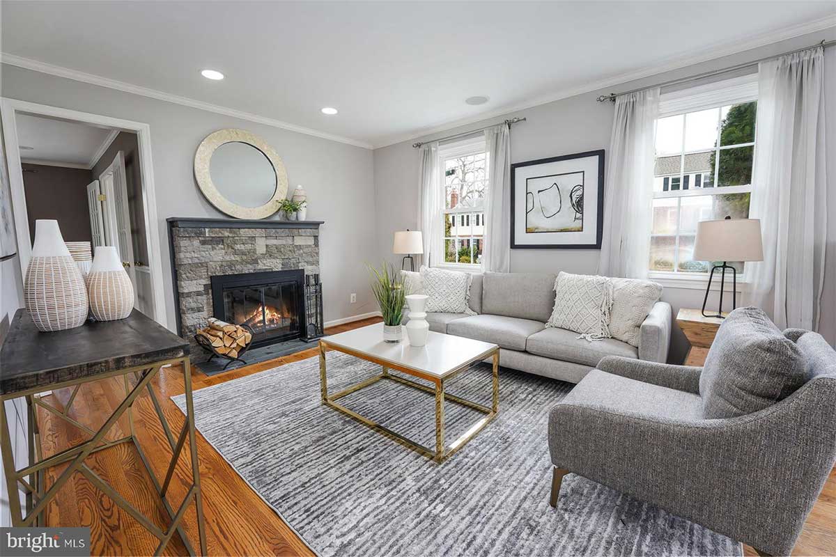 grey living room with fireplace