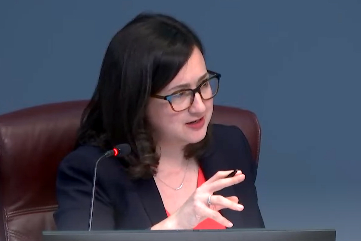 Katie Cristol speaks during an Arlington County Board meeting on March 22, 2023. (Photo courtesy Arlington County Board / YouTube)
