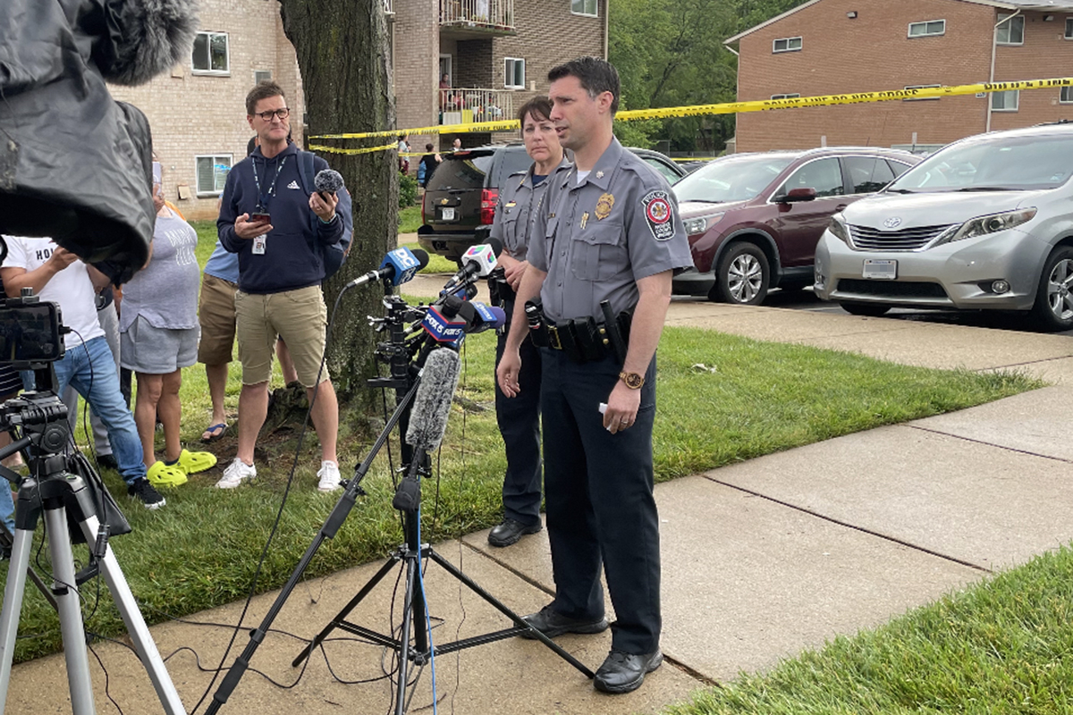 Fairfax County Police Deputy Chief Lt. Col. Eli Cory provides an update on the Pimmit Run Lane incident Monday. (Photo courtesy Fairfax County Police Department)