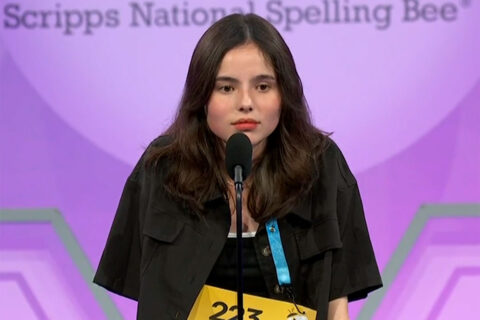 Charlotte Walsh takes to the podium during Thursday night's National Spelling Bee. (Photo courtesy ION Television)