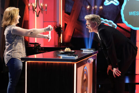 Michele Fred Karabin with Gordon Ramsay on the set of MasterChef. (Photo courtesy FOX/Meta)