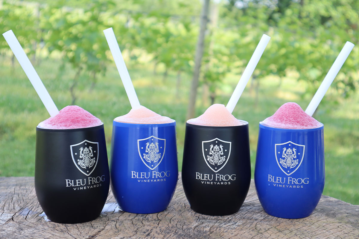 Frozen wine slushies in insulated cups from Bleu Frog Vineyards