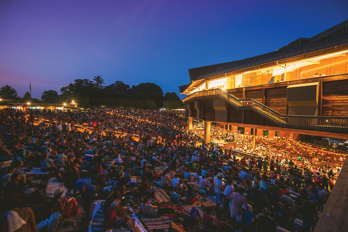 Large crowd on the lawn at night, at Wolf Trap's Filene Center
