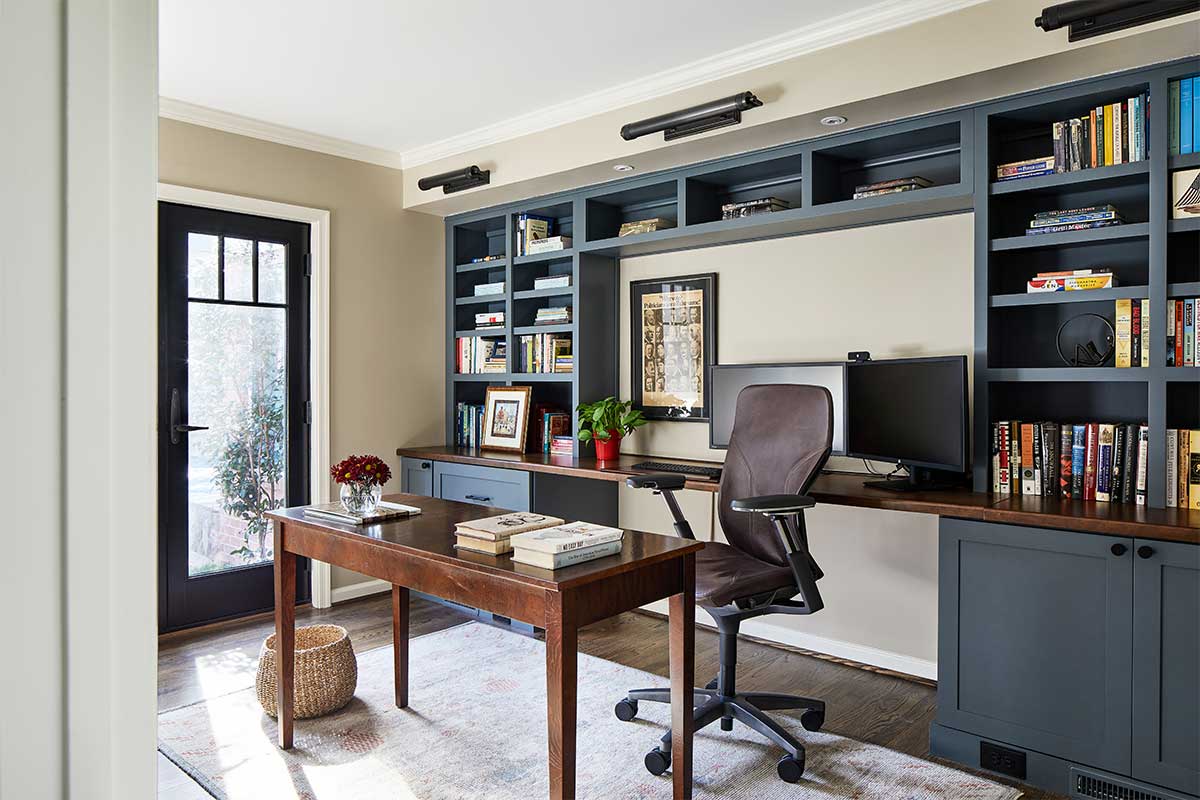 office with black shelves