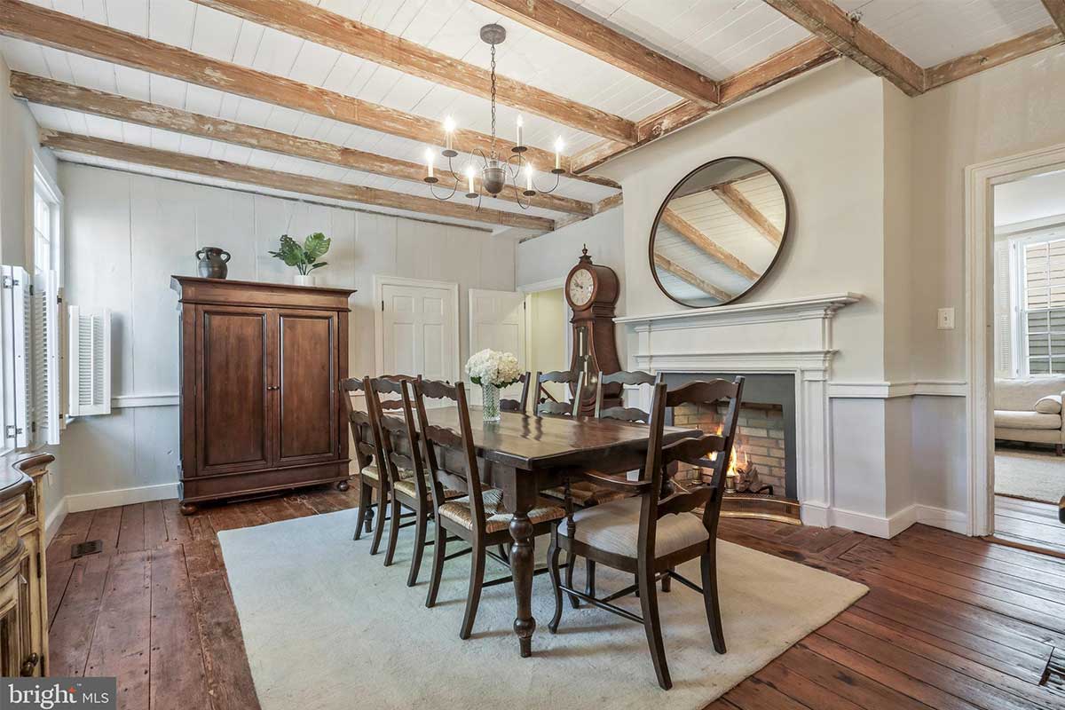 dining room with exposed beams
