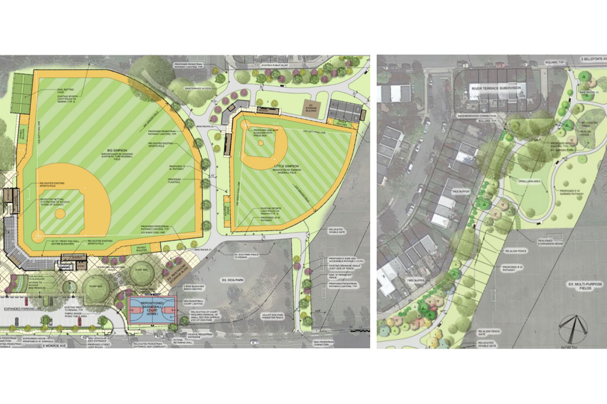 Renderings of park renovation, including two baseball fields