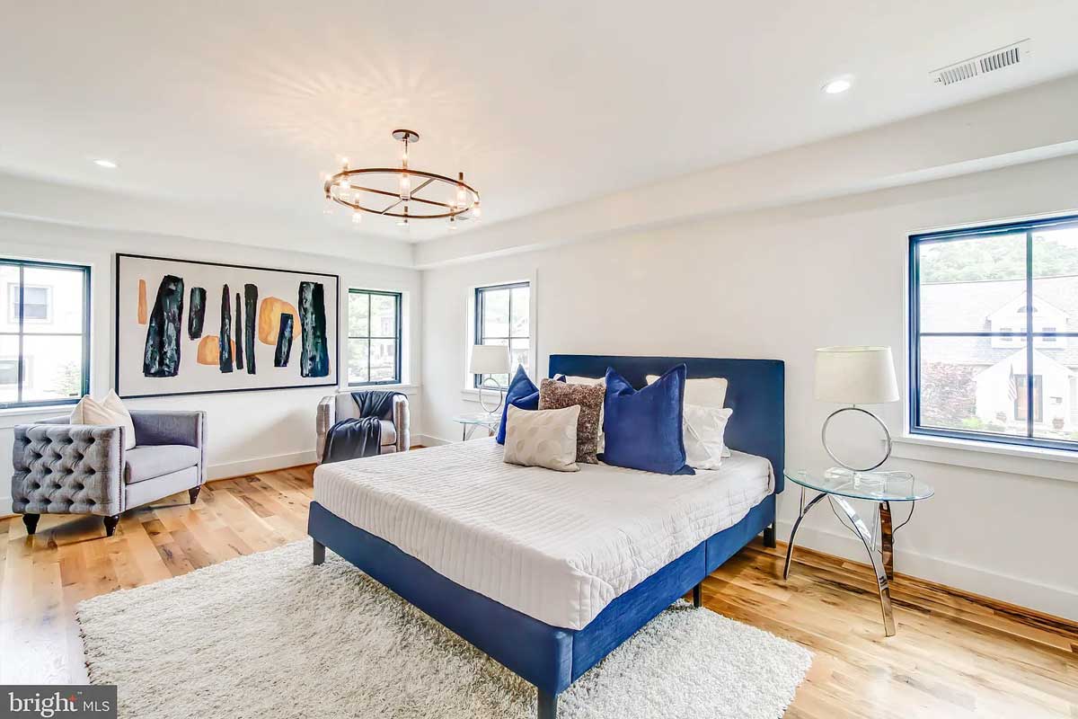 bedroom with blue bed frame
