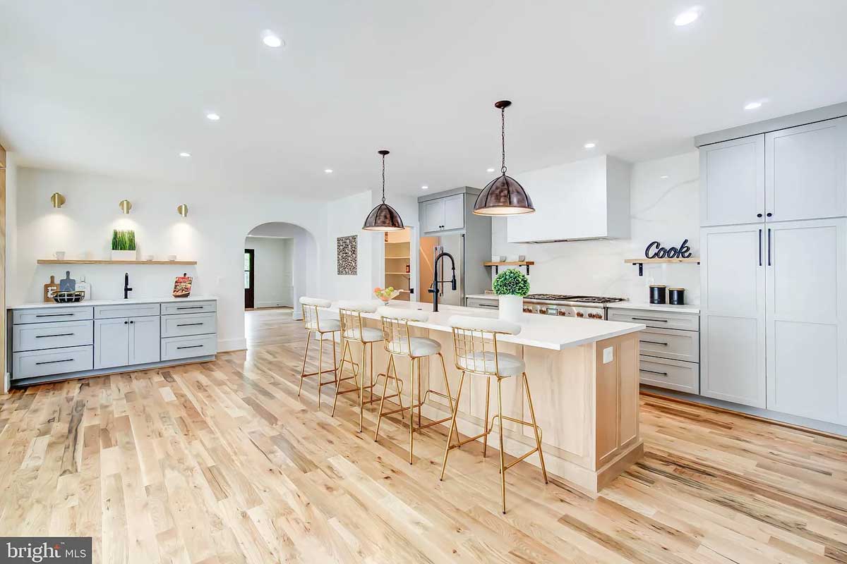 white kitchen with island and light hardwood floors