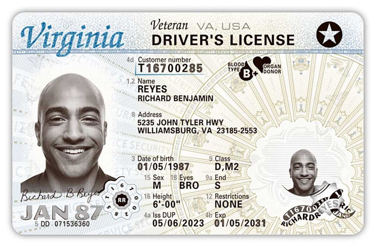 Virginia license with blood type on it