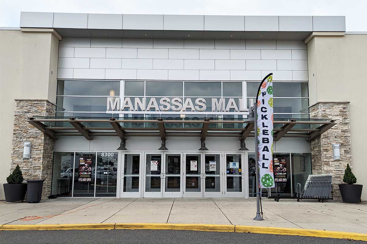 manassas mall entrance with pickleball sign