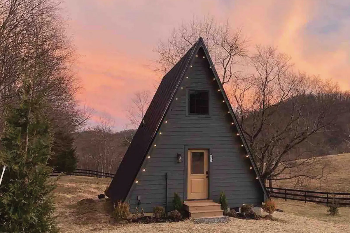 Black A-frame cabin at sunset in Shenandoah