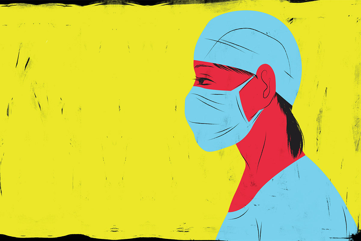 Illustration of nurse in mask and scrub cap.