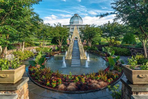 Resonant Passage sculpture in front of botanical garden