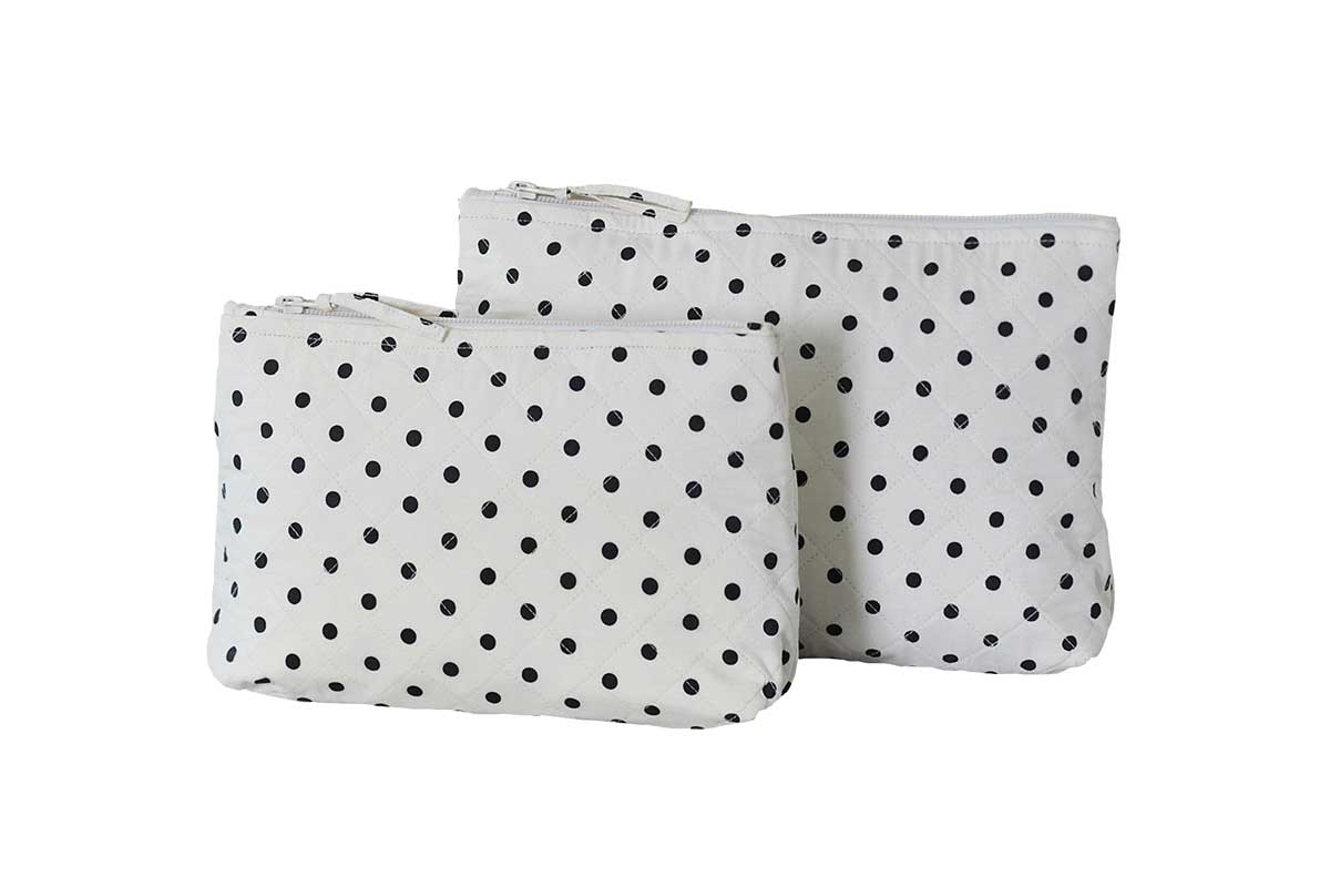 white and black polka dot cosmetic bags