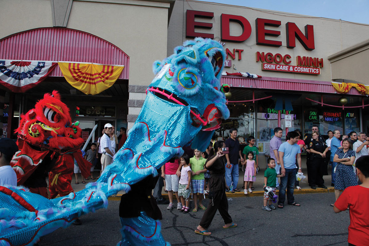 Dragon costumes outside Eden Center