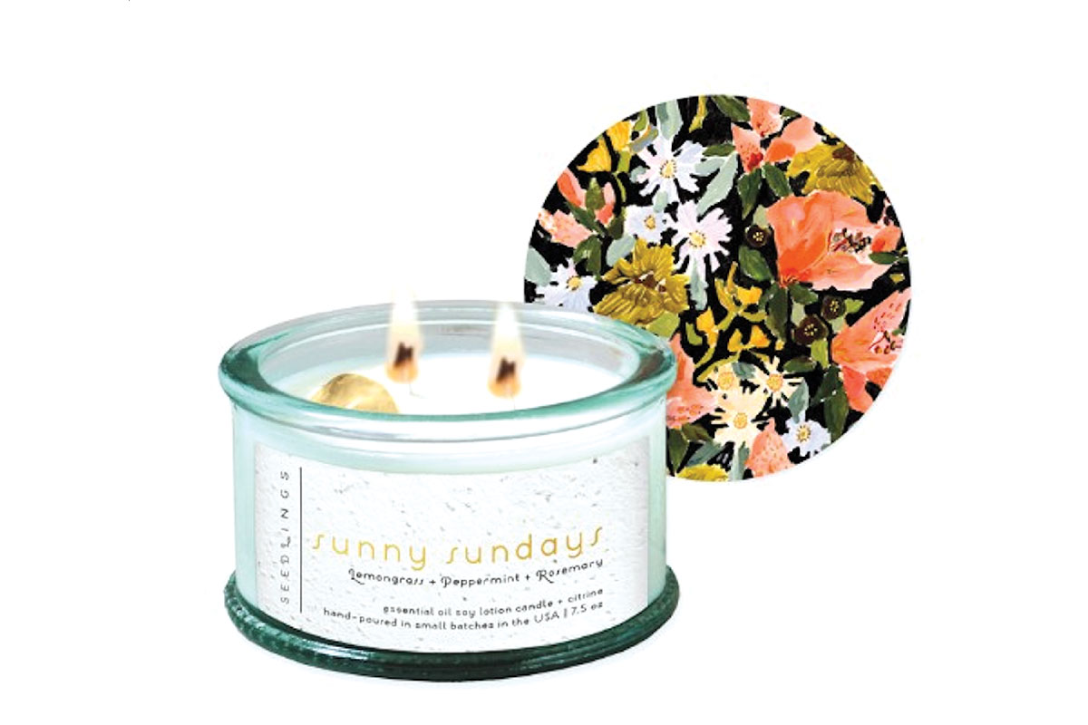Lemongrass, peppermint, and rosemary candle with floral lid