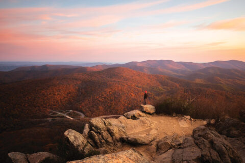 person standing at Mary's Rock in Shenandoah at sunrise, surrounded by fall foliage