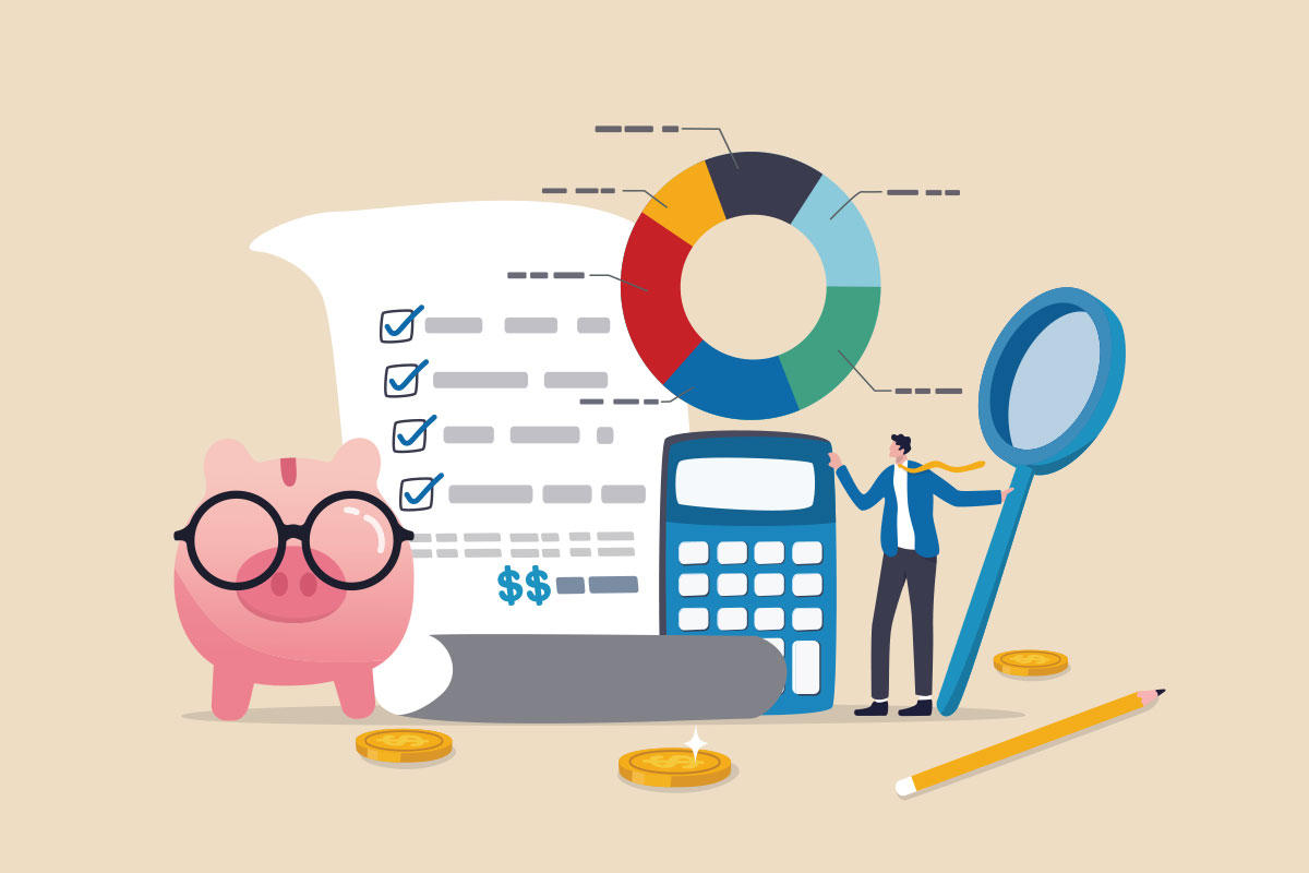 Illustration of person with tax form, calculator, and piggy bank