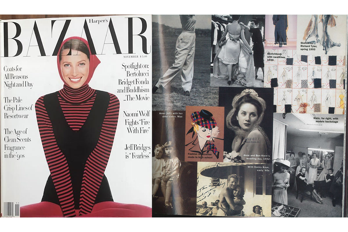 Cover of a 1993 edition of Harper's Bazaar, and a collage of photos of Anne Klein